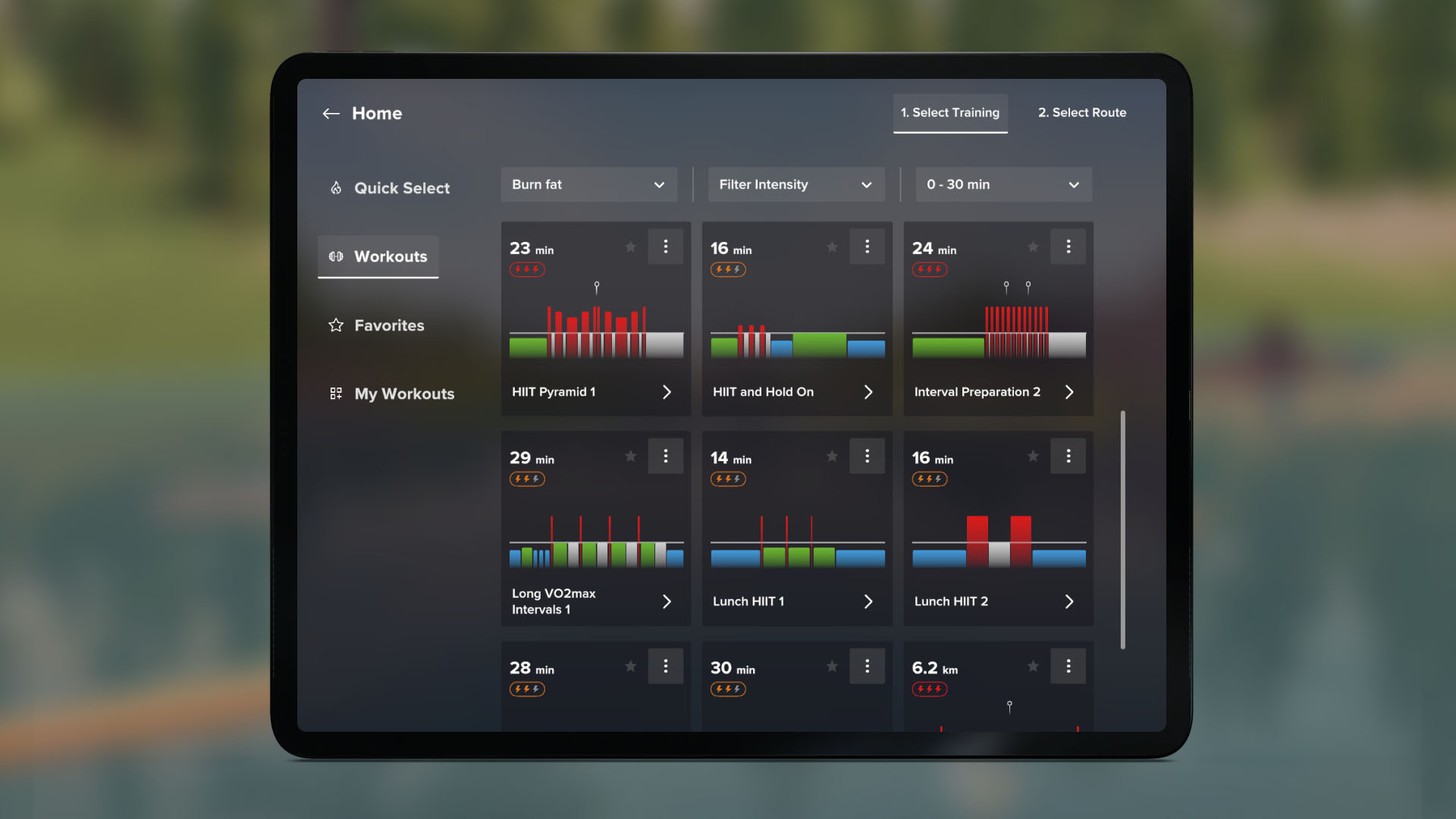 The new training selection screen in EXR